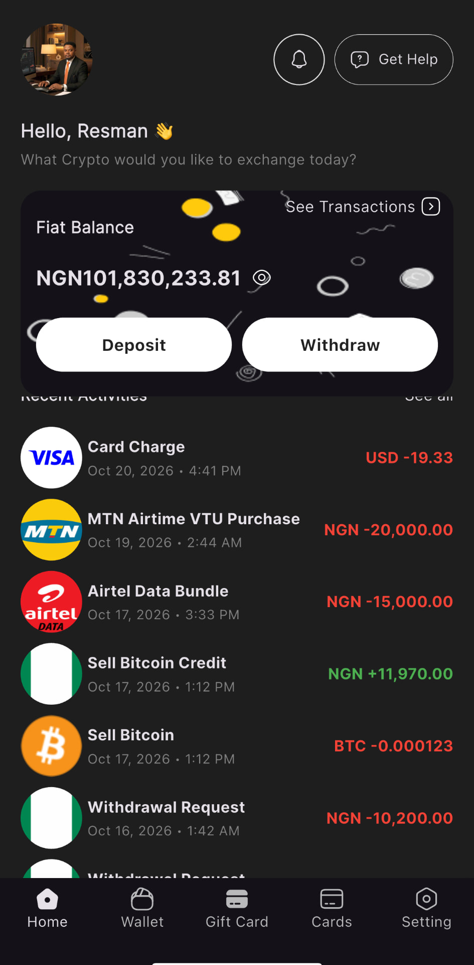 ResmanApp Recent Activity screen